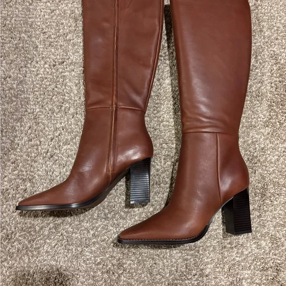 Nine West Medina Natural Brown Tall Boots Block Heel Side Zip Size 9 E213 - Picture 1 of 7